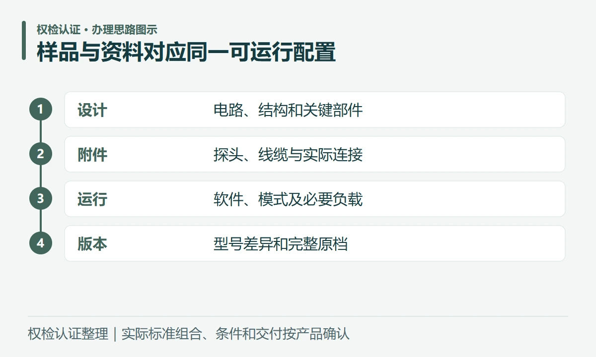 样品与资料对应同一可运行配置:设计,电路、结构和关键部件;附件,探头、线缆与实际连接;运行,软件、模式及必要负载;版本,型号差异和完整原档