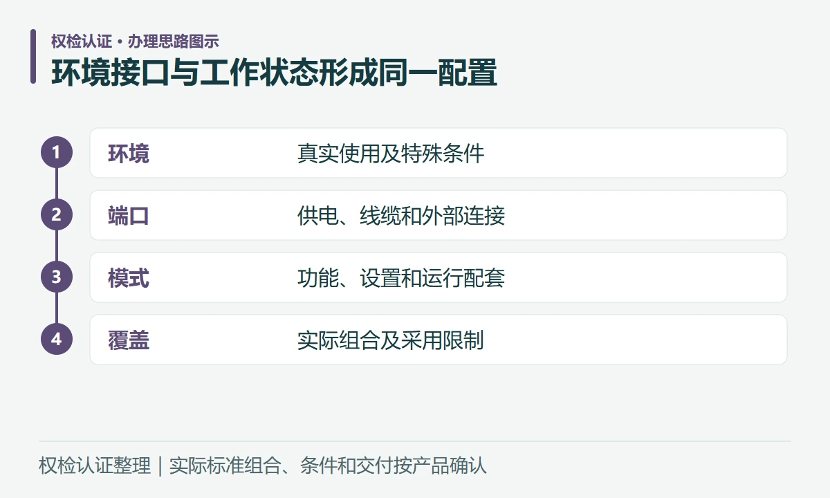 环境接口与工作状态形成同一配置:环境,真实使用及特殊条件;端口,供电、线缆和外部连接;模式,功能、设置和运行配套;覆盖,实际组合及采用限制