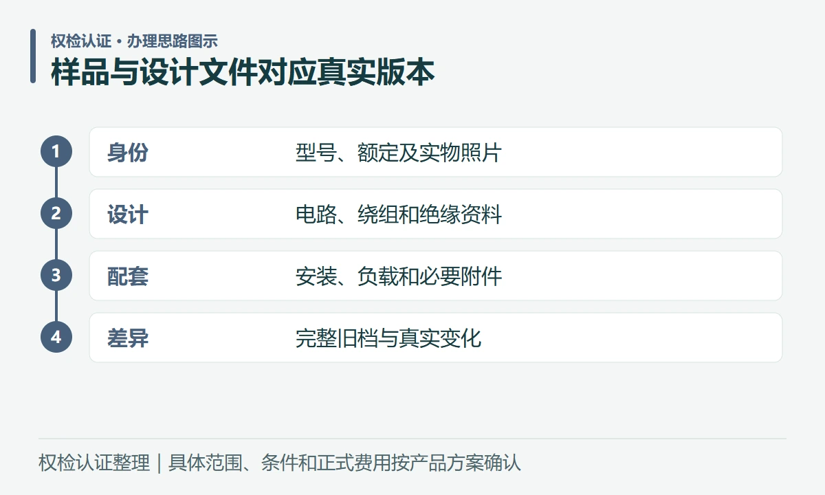 样品与设计文件对应真实版本:身份,型号、额定及实物照片;设计,电路、绕组和绝缘资料;配套,安装、负载和必要附件;差异,完整旧档与真实变化
