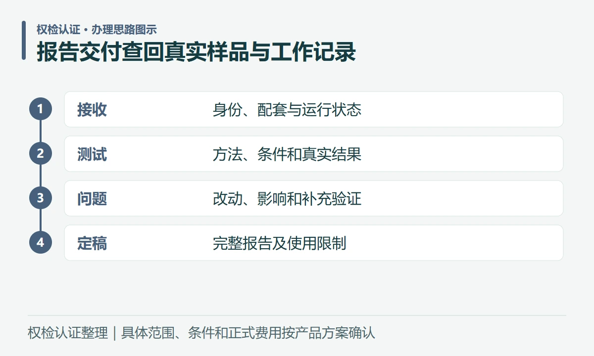 报告交付查回真实样品与工作记录:接收,身份、配套与运行状态;测试,方法、条件和真实结果;问题,改动、影响和补充验证;定稿,完整报告及使用限制