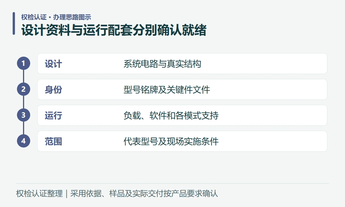 设计资料与运行配套分别确认就绪:设计,系统电路与真实结构;身份,型号铭牌及关键件文件;运行,负载、软件和各模式支持;范围,代表型号及现场实施条件