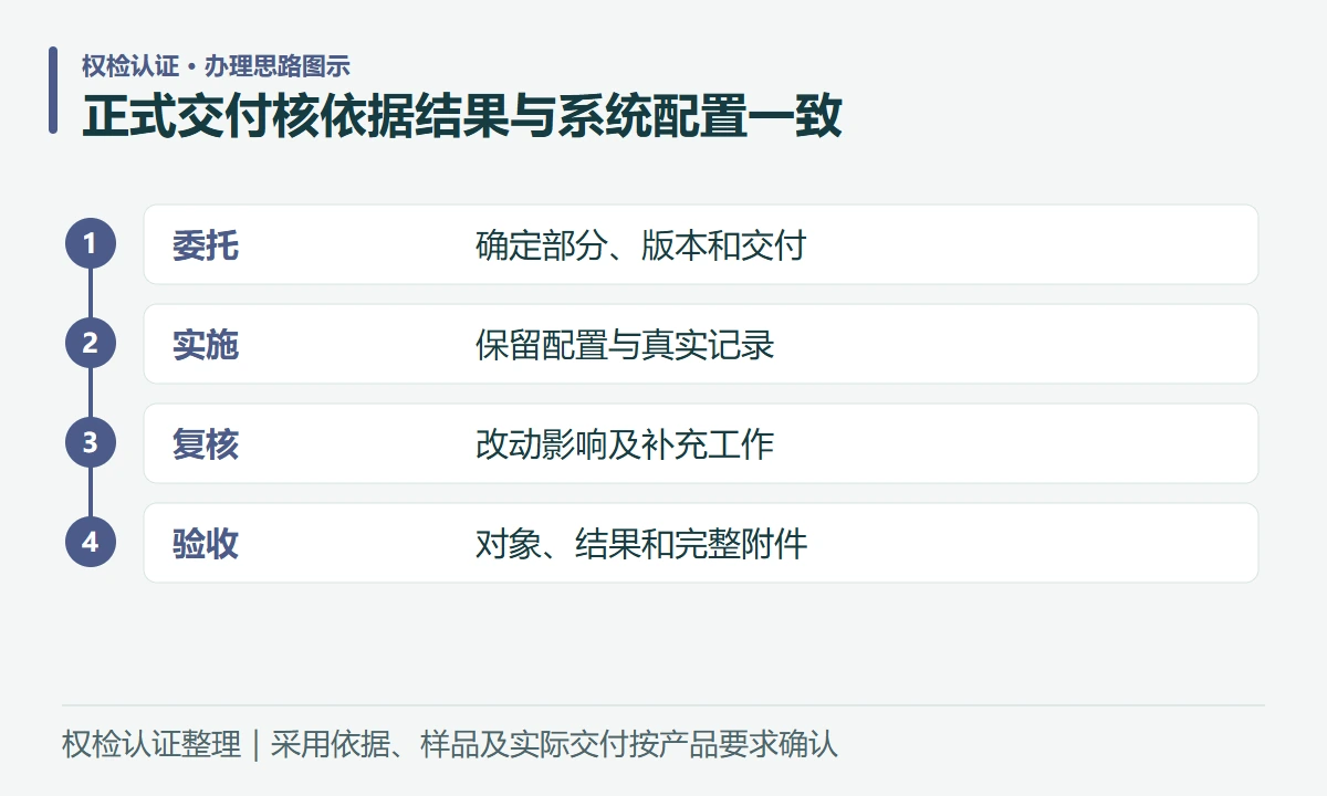 正式交付核依据结果与系统配置一致:委托,确定部分、版本和交付;实施,保留配置与真实记录;复核,改动影响及补充工作;验收,对象、结果和完整附件