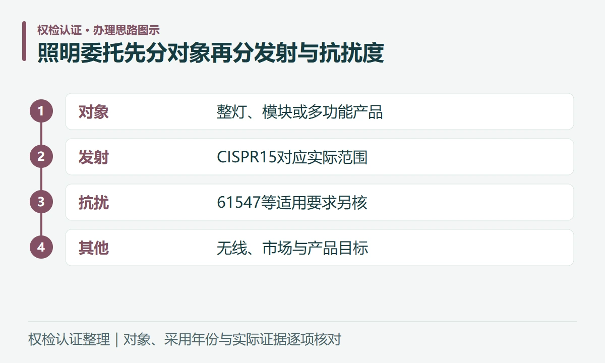 照明委托先分对象再分发射与抗扰度:对象,整灯、模块或多功能产品;发射,CISPR15对应实际范围;抗扰,61547等适用要求另核;其他,无线、市场与产品目标