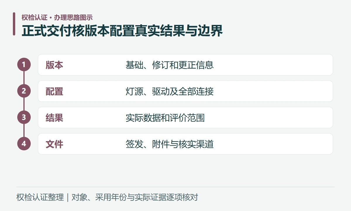 正式交付核版本配置真实结果与边界:版本,基础、修订和更正信息;配置,灯源、驱动及全部连接;结果,实际数据和评价范围;文件,签发、附件与核实渠道
