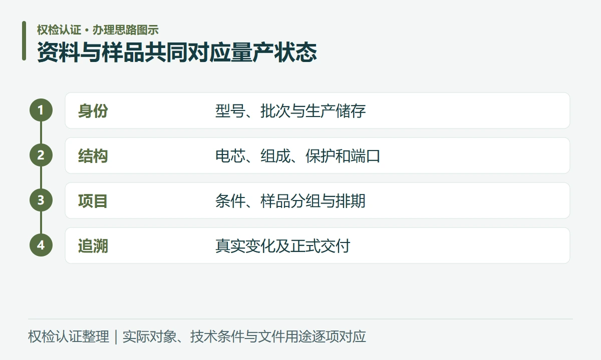 资料与样品共同对应量产状态:身份,型号、批次与生产储存;结构,电芯、组成、保护和端口;项目,条件、样品分组与排期;追溯,真实变化及正式交付