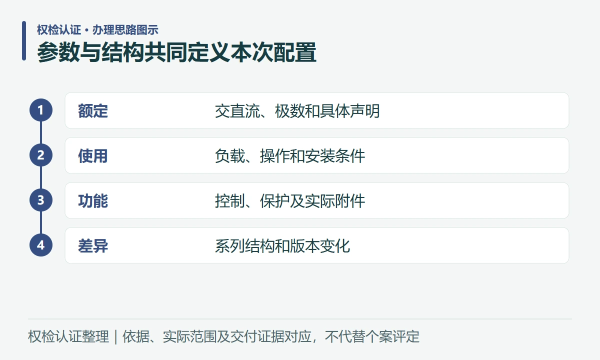 参数与结构共同定义本次配置:额定,交直流、极数和具体声明;使用,负载、操作和安装条件;功能,控制、保护及实际附件;差异,系列结构和版本变化