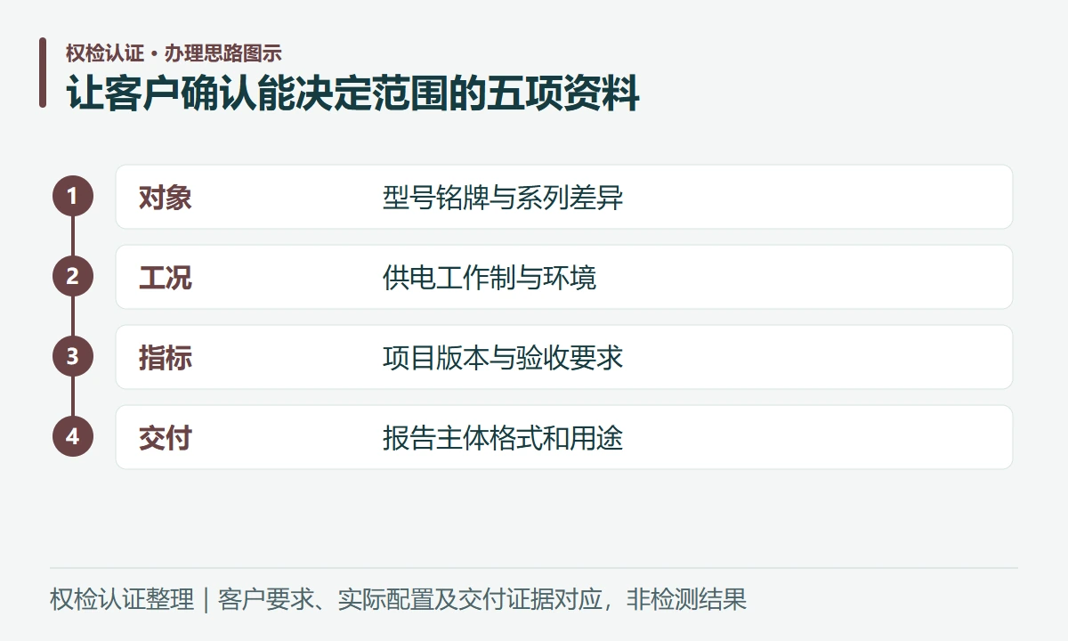 让客户确认能决定范围的五项资料:对象,型号铭牌与系列差异;工况,供电工作制与环境;指标,项目版本与验收要求;交付,报告主体格式和用途