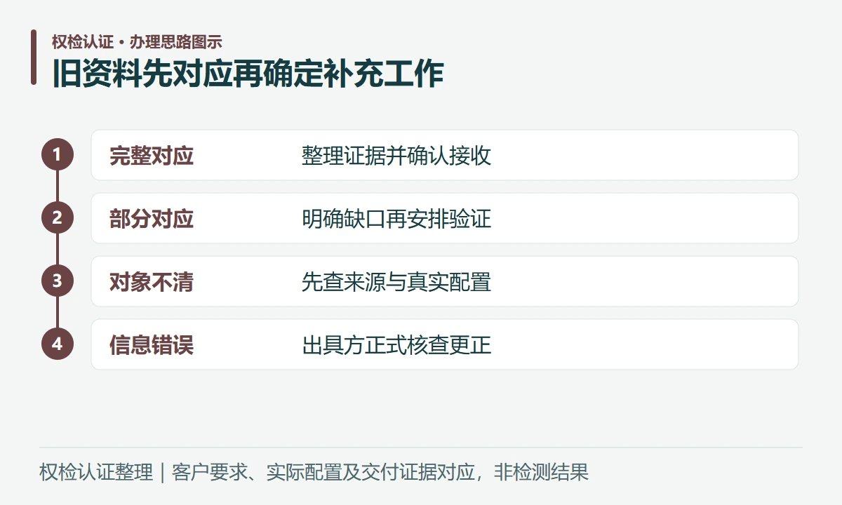 旧资料先对应再确定补充工作:完整对应,整理证据并确认接收;部分对应,明确缺口再安排验证;对象不清,先查来源与真实配置;信息错误,出具方正式核查更正