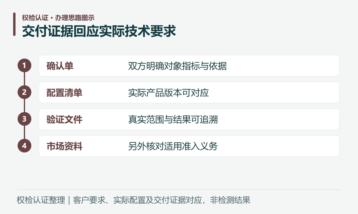 交付证据回应实际技术要求:确认单,双方明确对象指标与依据;配置清单,实际产品版本可对应;验证文件,真实范围与结果可追溯;市场资料,另外核对适用准入义务
