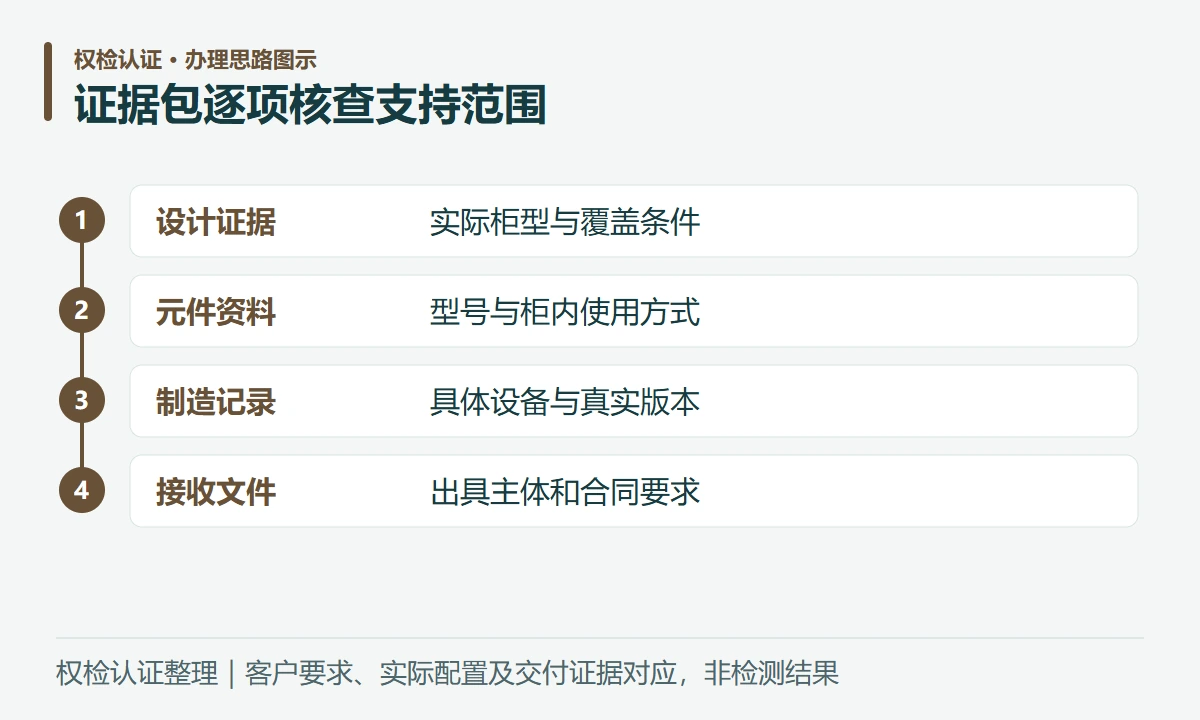 证据包逐项核查支持范围:设计证据,实际柜型与覆盖条件;元件资料,型号与柜内使用方式;制造记录,具体设备与真实版本;接收文件,出具主体和合同要求