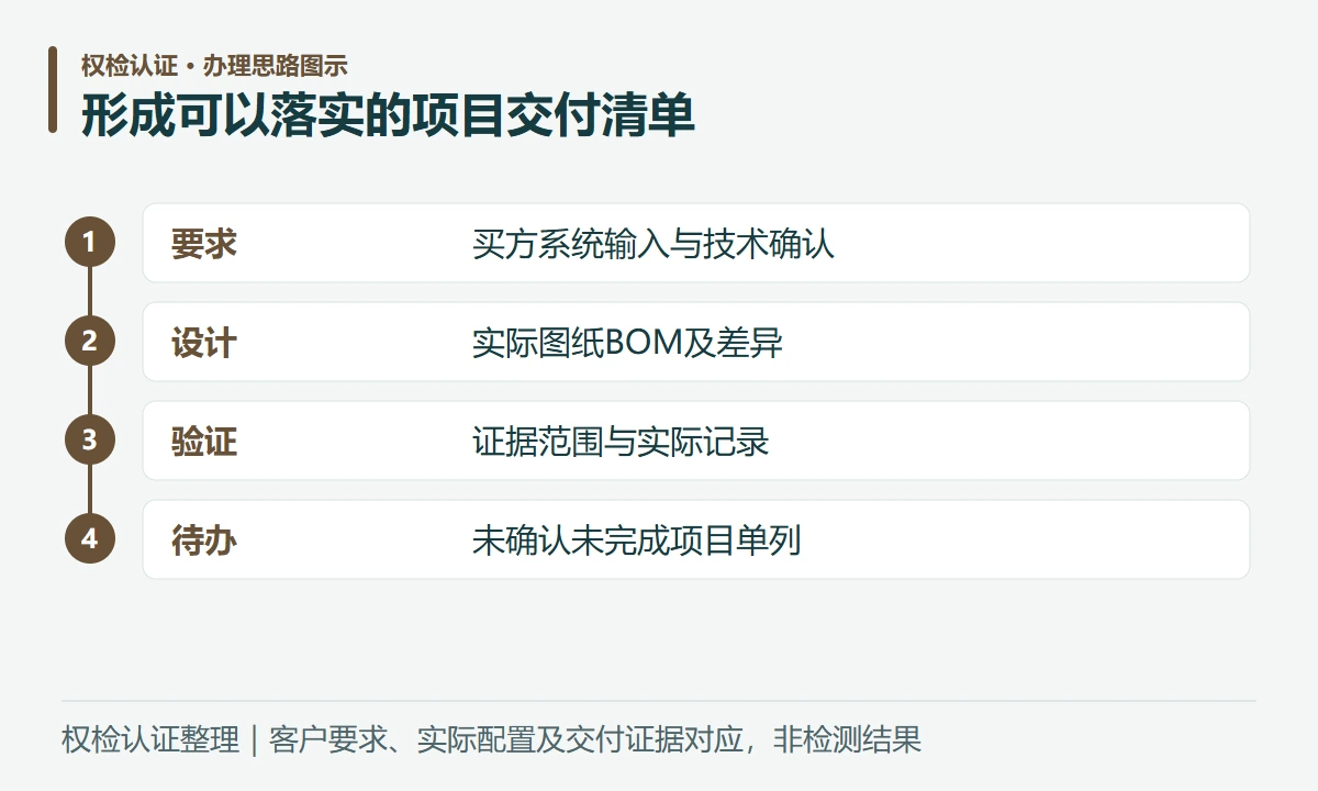 形成可以落实的项目交付清单:要求,买方系统输入与技术确认;设计,实际图纸BOM及差异;验证,证据范围与实际记录;待办,未确认未完成项目单列